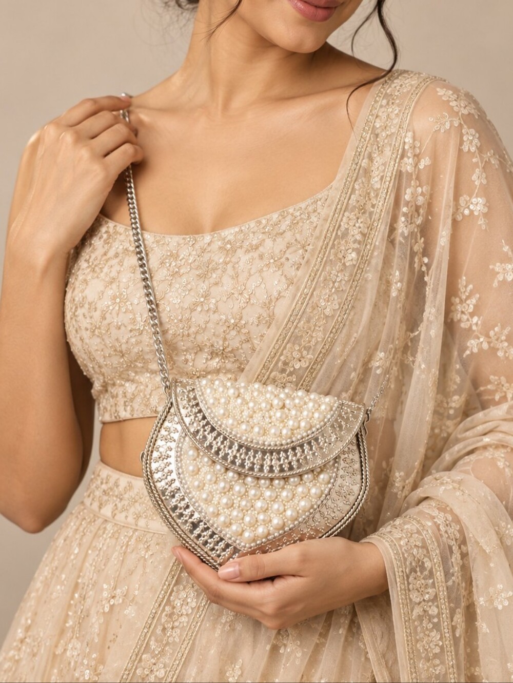 White Pearl Embellished Mini Clutch Bag | Bridal Evening Purse
